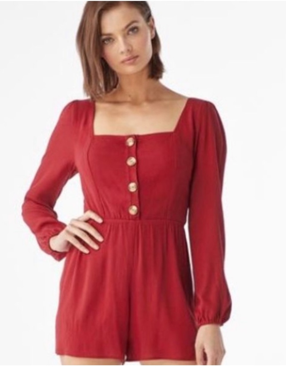 JustFab Raspberry Red Long-Sleeve Button Front Romper